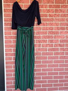 Emma & Michele Navy Top with Green Striped Wide-Leg Jumpsuit